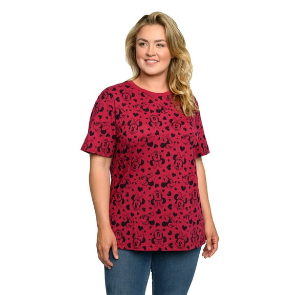 Women's Plus Size Minnie Mouse T-Shirt Hearts All-Over Hearts Print Red Tee