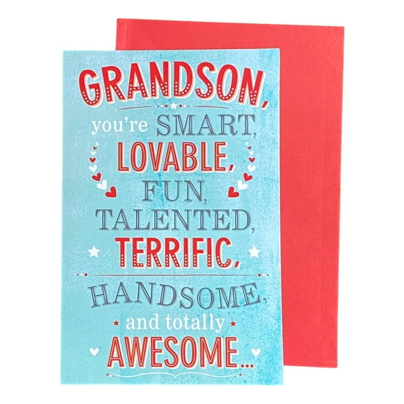 Valentine's Day Greeting Card for Young Grandson - GRANDSON, 
you're SMART, LOVABLE, FUN, TALENTED, TERRIFIC, HANDSOME, and totally AWESOME...; Stars, Hearts