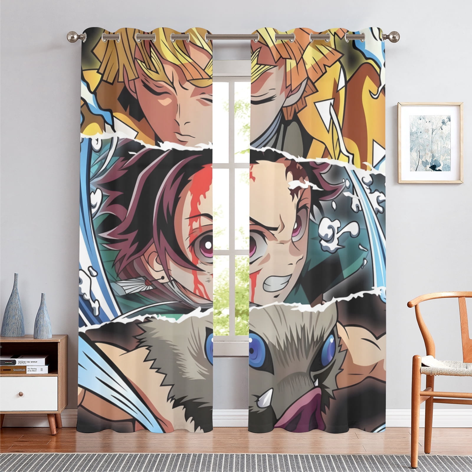 Anime Curtains for Bedroom Drapes Slayer Tanjirou Inosuke Kyoujurou Print Design Window Treatments Curtain Panel Set, 2-Panels, 55" W x 63" L