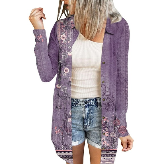 Homozy Long Sleeve Lightweight Cardigan for Women Floral Print Casual Loose Open Front Kimono Cardigans Fall Cardigans with Button Purple M