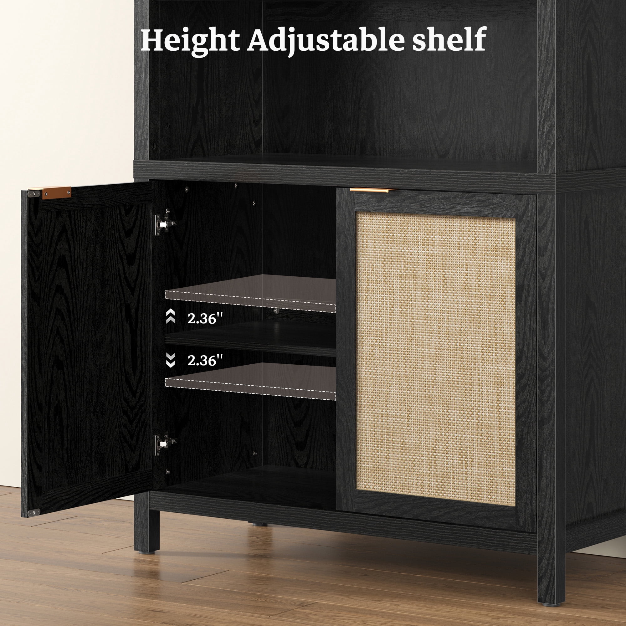SICOTAS 84.2"H Tall Rattan Arched Pantry Cabinet with Adjustable Shelves, Oversized Boho Farmhouse Floor Storage Organizer for Kitchen, Dining Room & Home Decor,Black Oak