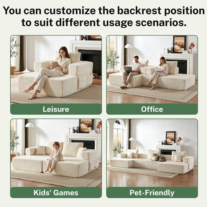 Single-Seater Upholstered Lazy Sofa, Floor Lounge Chair with Back Cushion & Throw Pillow, Oversized Chaise Lounge with Pockets