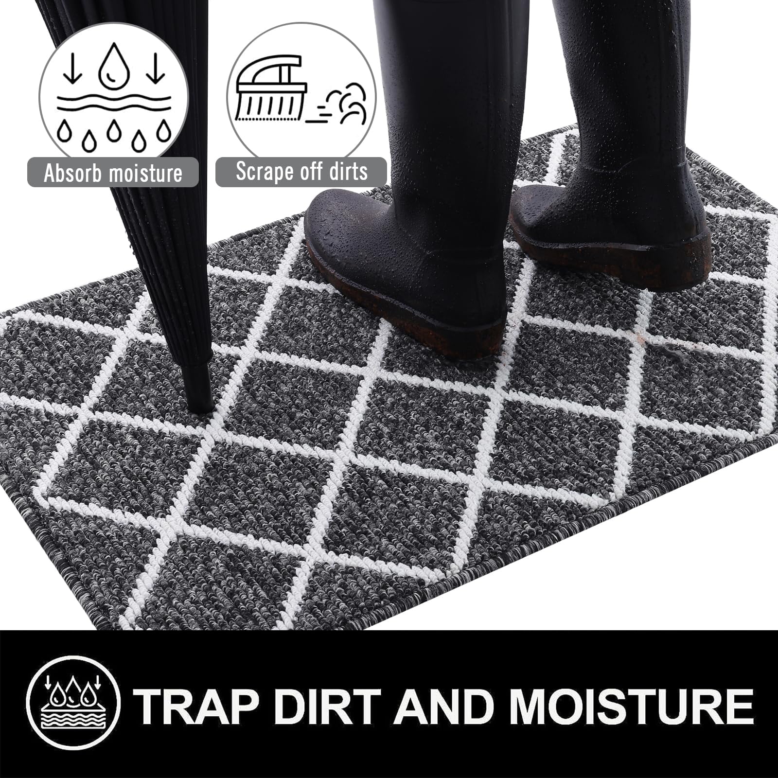 Buganda Indoor Door Mat, 24"x 36", Non Slip Low-Profile Entrance Rug Front Inside Doormats Dirt Trapper Entry Door Rugs for Entryway, Black