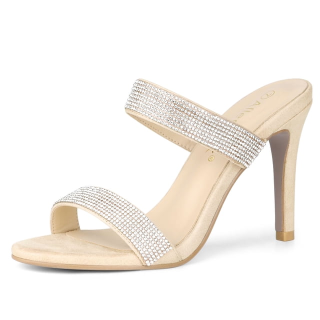 Sandalias De Diamantes De Imitación Mulas Tacón De Aguja Punta Abierta Para Mujer Beige 36