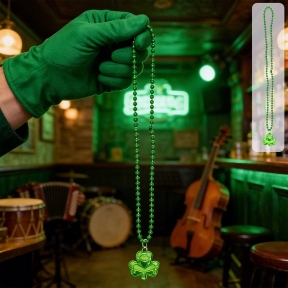 Meggemo St Patricks Day Necklace Green Leaf Shamrock Party Gems and Necklace Plastic Bead Festive Accessory for Holiday Outfit and Event