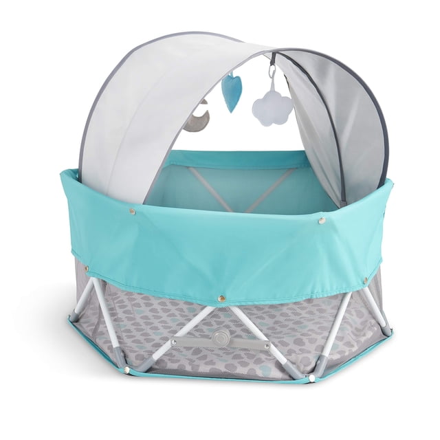 Regalo On-The-Go Baby My Play, patio de juegos portátil y tapete de actividades, interior y exterior, incluye dosel UPF con juguetes, parte inferior acolchada y estuche de transporte