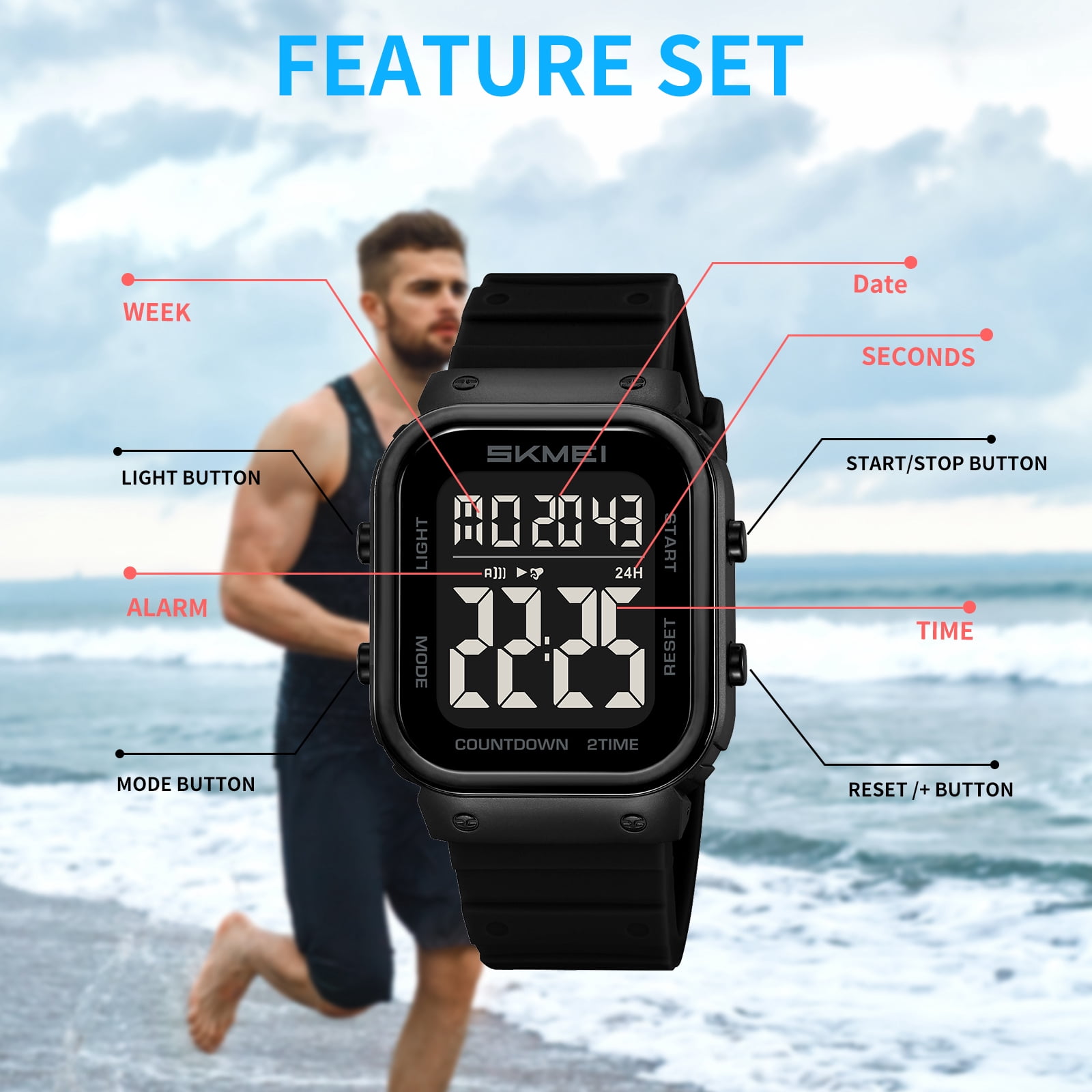 SKMEI Mens Digital Watch Outdoor Sports Waterproof Large Face Wrist Watches with LED Back Ligh/Alarm/Stopwatch
