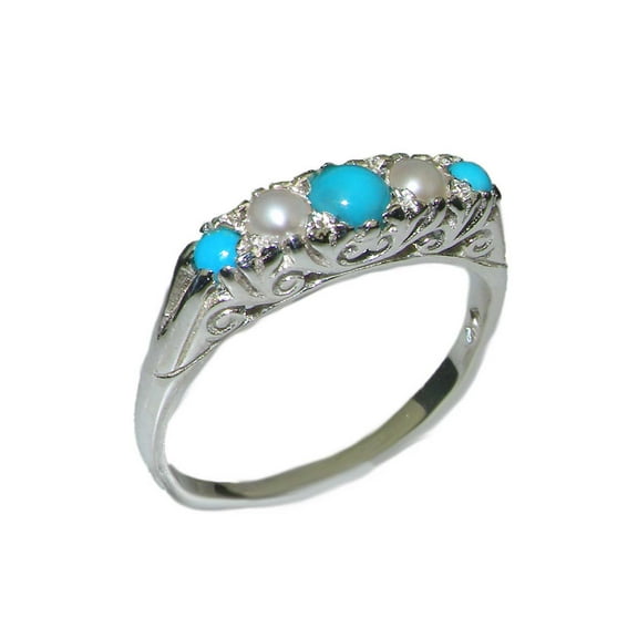 LBG British Made 9ct White Gold Natural Turquoise & Cultured Pearl Womens Band Ring - 33 size options - Size 12
