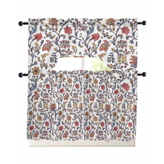 Boho Leaf Swag Kitchen Curtains Sets for Windows 24 Inch Length, Orange Red Spring Farmhouse Pastoral Tribal Short Window Curtain Panels Swags Valances and Tiers 3 Piece Set for Cafe/Dining Room