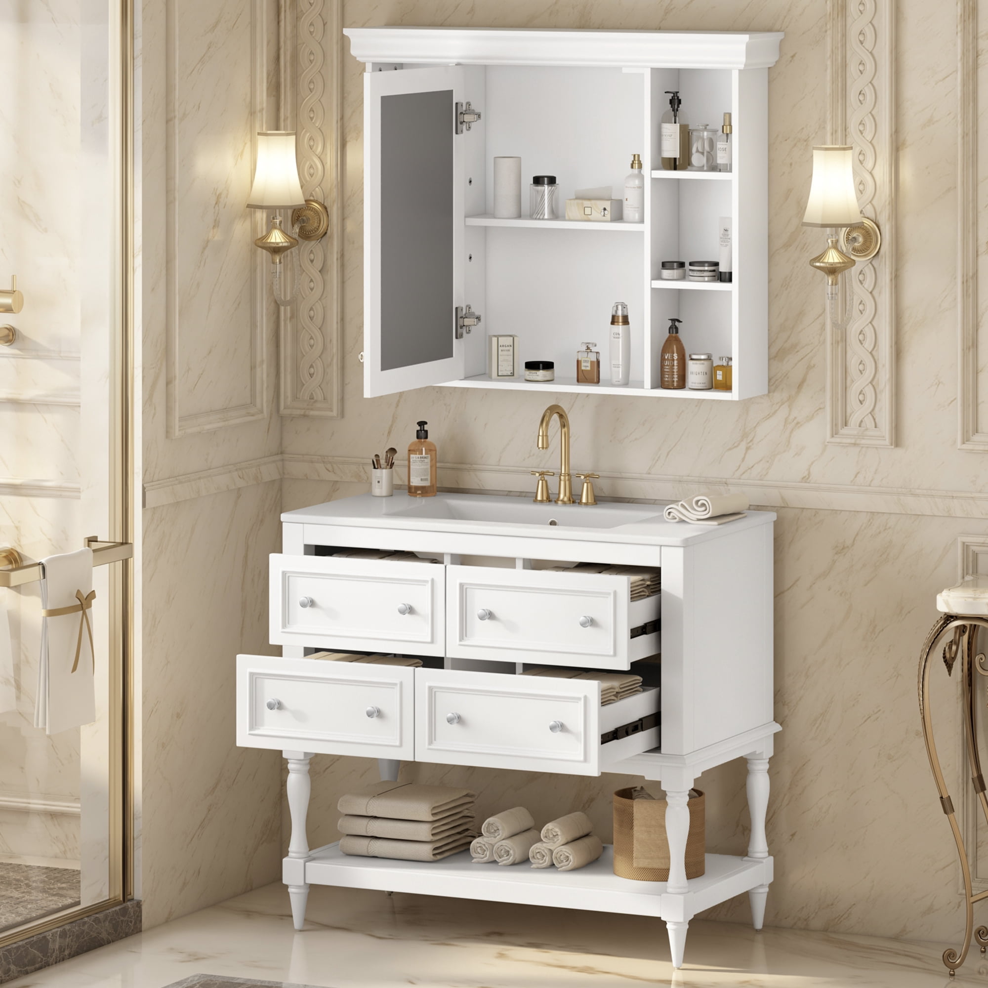 Harper & Bright Designs 36" Bathroom Vanity Sink Combo, Bathroom Mirror Cabinet with Adjustable Shelf, Bathroom storage Cabinet with Drawers, White