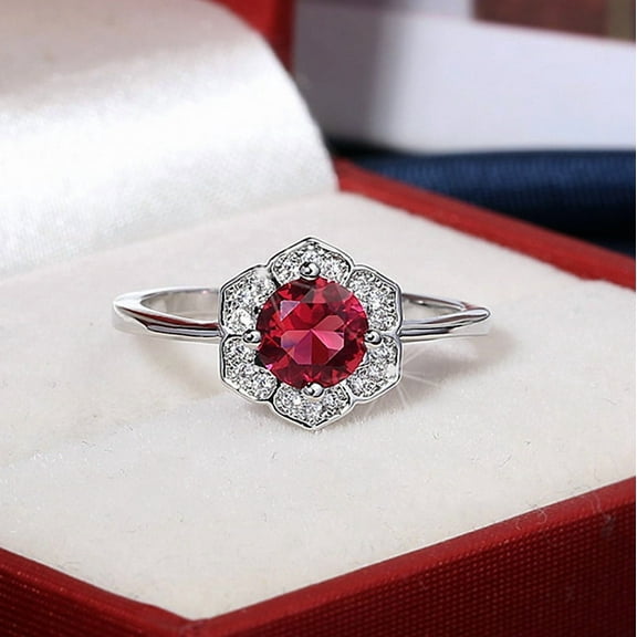 Round Cut Ruby  Diamond Lotus Flower Ring 925 Sterling Silver Red Gemstone Ring with AAA Cubic Zirconia Yoga High Polish Wedding Band Ring Jewelry for Women