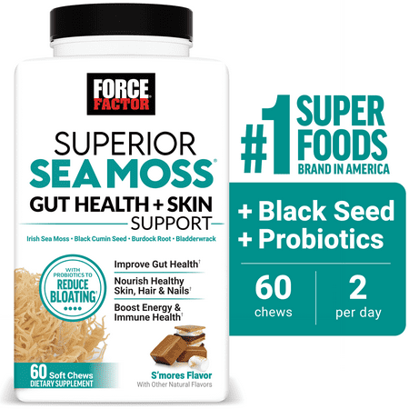 Superior Sea Moss Gut Health + Skin Support, Support Gut & Nourish Skin, Hair & Nails, Boost Energy & Immune Health, with Biotin & LactoSpore Probiotics, S’mores, 60 Soft Chews by Force Factor