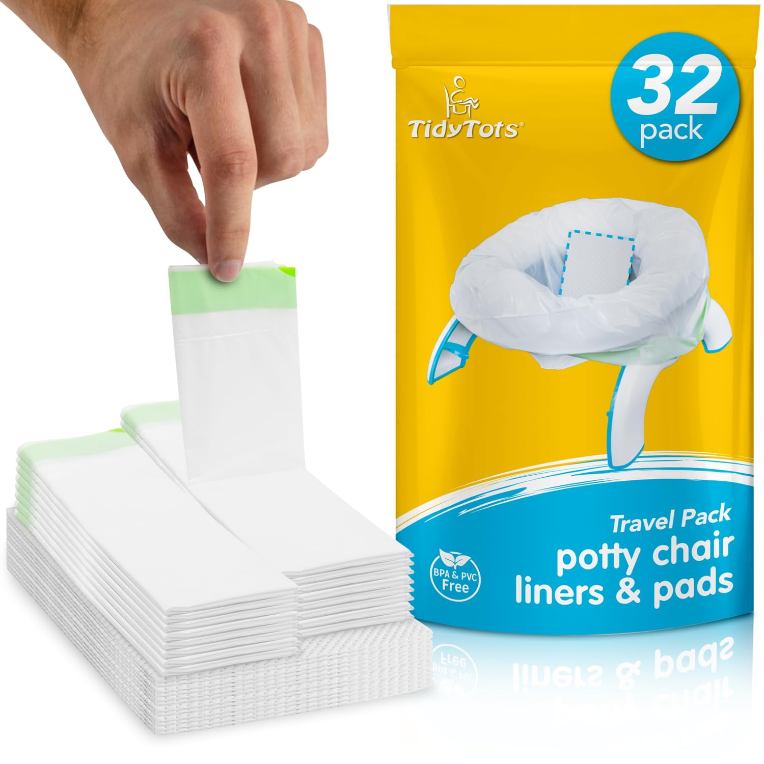 Tidy Tots Portable Potty Chair Liners, Disposable Potty Seat Covers, 32 Liners and 32 Super-Absorbent Pads, XL