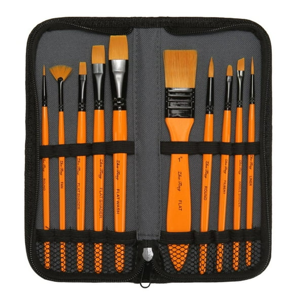 Oil Paint Brush Set, 12 Pieces Portable Paint Brushes with Carrying Case Nylon Wood Handles for Watercolor Oil Gouache Acrylic Painting