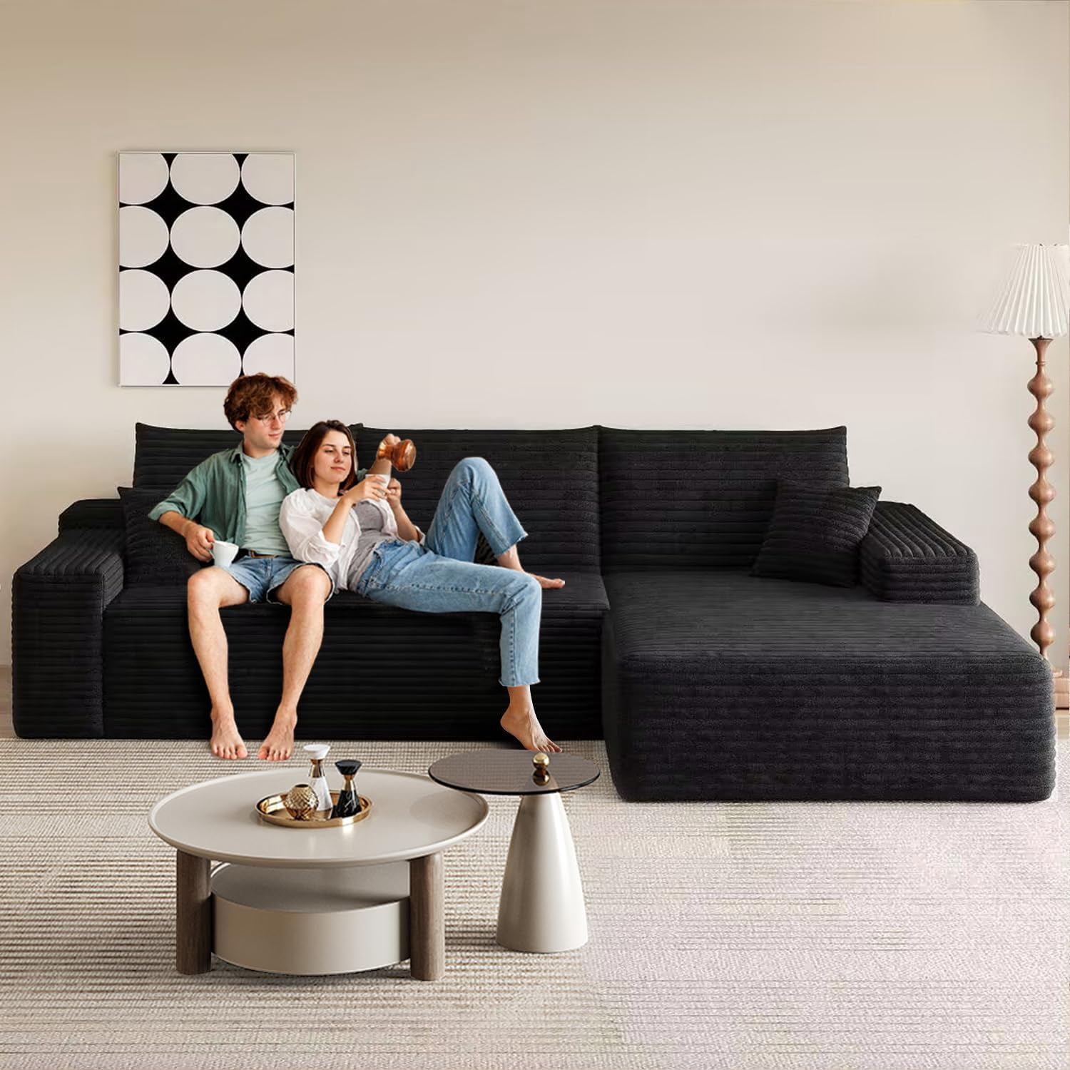 Sailvan 107" Cloud Sectional Couch, Cloudy Sofa with L-Shape Chaise, Upholstered Couches for Living Room & Bedroom, No Assembly Required, Plush Corduroy Fabric, Black