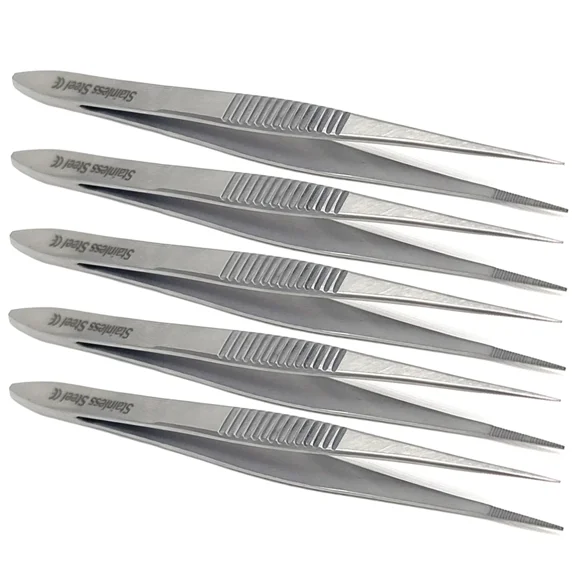 Multipurpose Lab Tweezers with Straight & Curved Serrated Tips Made of Stainless Steel Essential Lab Kit - Set of 5
