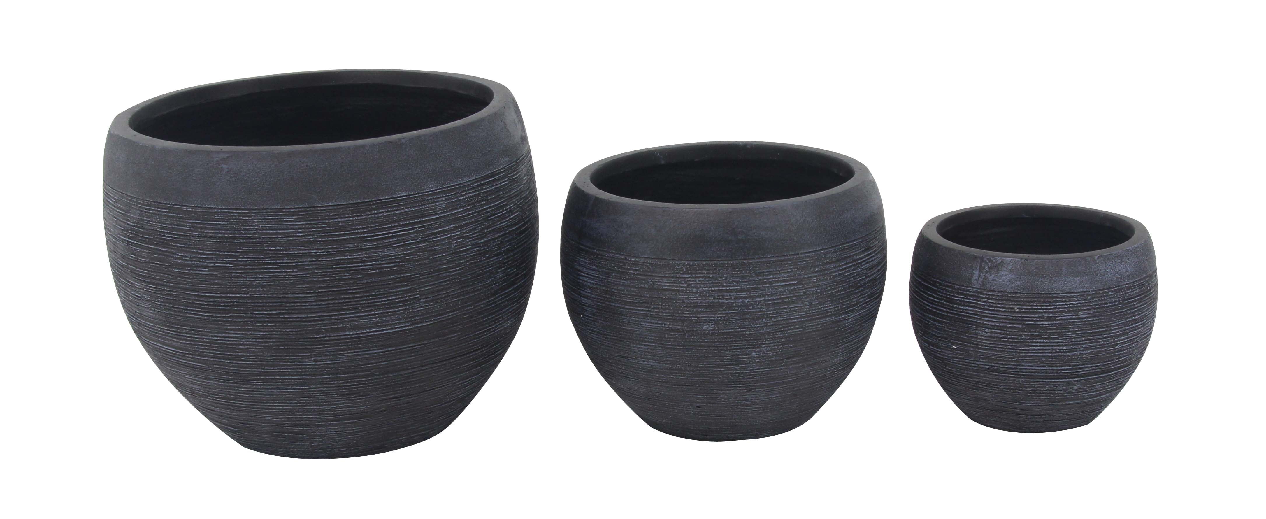 Decmode Set of 3 Modern Fiber Clay Tapered Round Black Planters, Black by DecMode