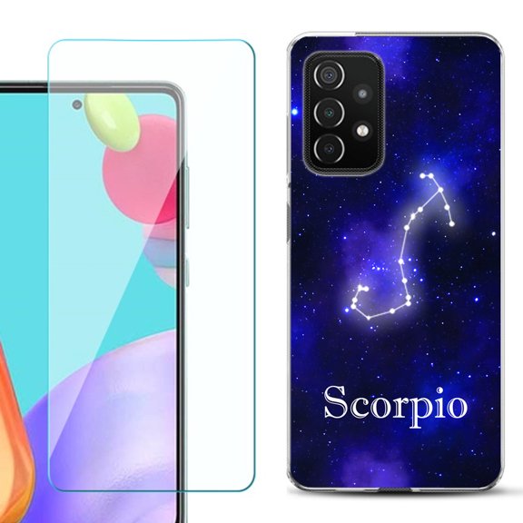 Slim-Fit Flexible Gel TPU Phone Case compatible with Samsung Galaxy A52 5G, with Tempered Glass Screen Protector, by OneToughShield - Zodiac / Scorpio
