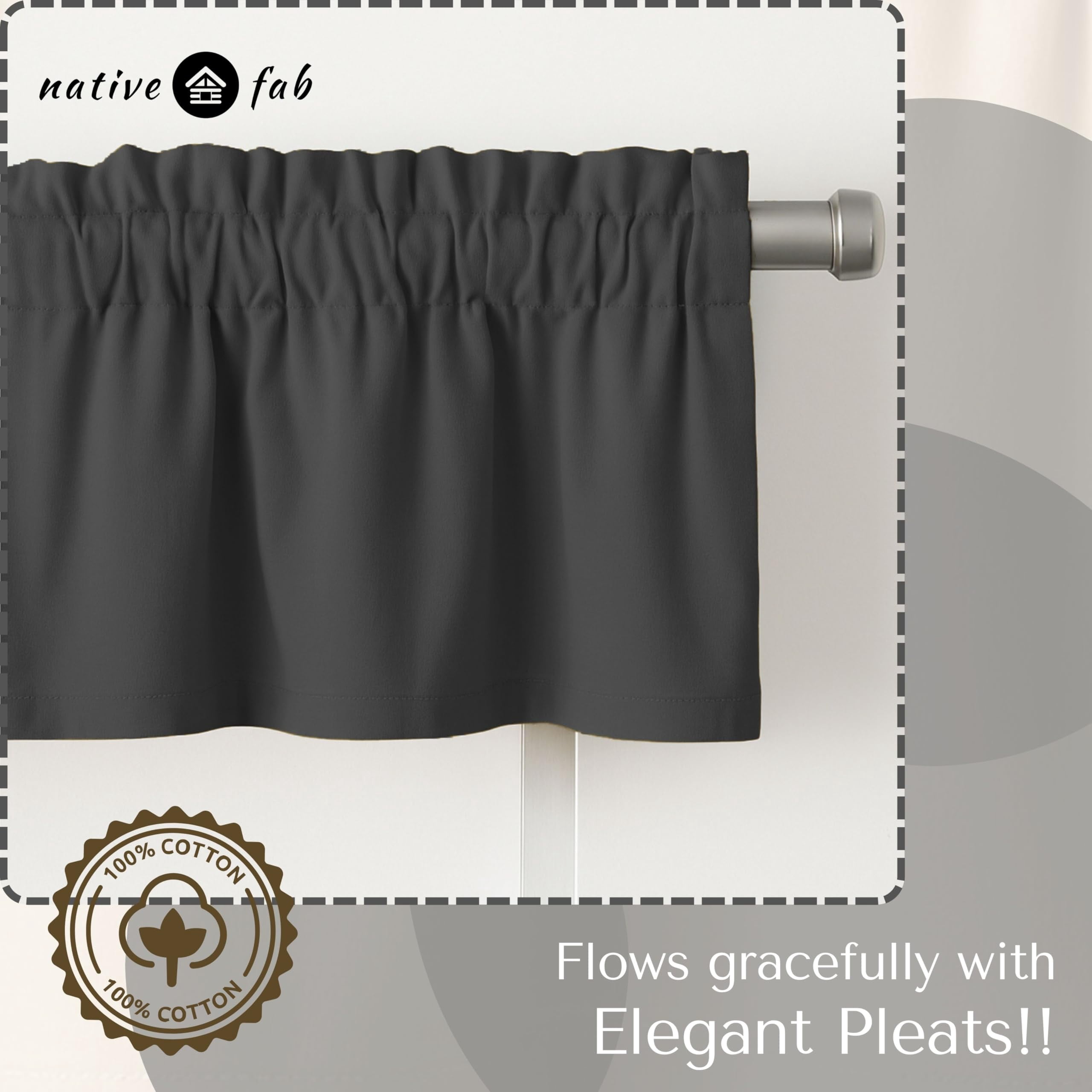 Native Fab Set of 2 Valance Curtains for Windows 54"x18" for Living Room Bedroom Kitchen Windows Bathroom, Farmhouse Vintage Curtain Valances Rod Pocket - Grey