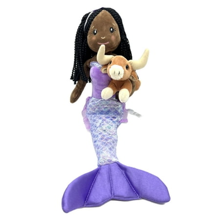 The Petting Zoo, Mermaid Doll with Longhorn Cow Stuffed Animal, Gifts for Girls Plush Mermaid Doll with Long Horn Plush Toy, 17 inch, African American