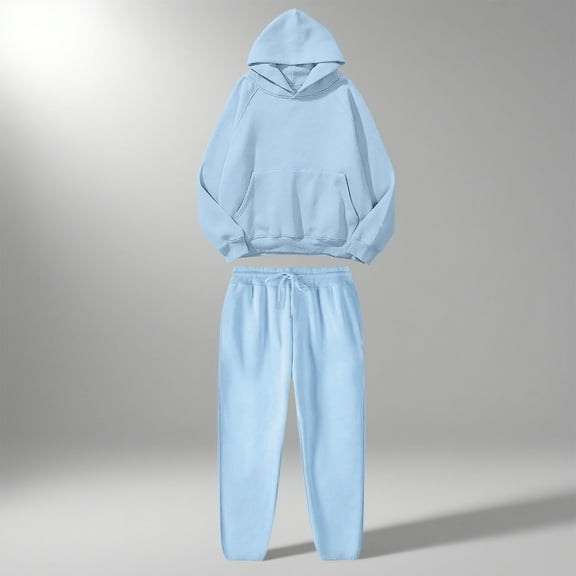 Brondbend Sweatshirt and Sweatpants Set Hoodie Women Long Sleeved Pocket Pullover Solid Stretchy Waist Jogger Outfits Comfy Loose Tracksuits Work Fall Winter Sets Sky Blue