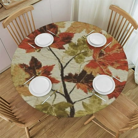 

WXKJ Thanksgiving Day Theme Round Fitted Tablecloth Elastic Edge Holiday Fall Maple Leaves pattern Waterproof Wipeable round Table Cover