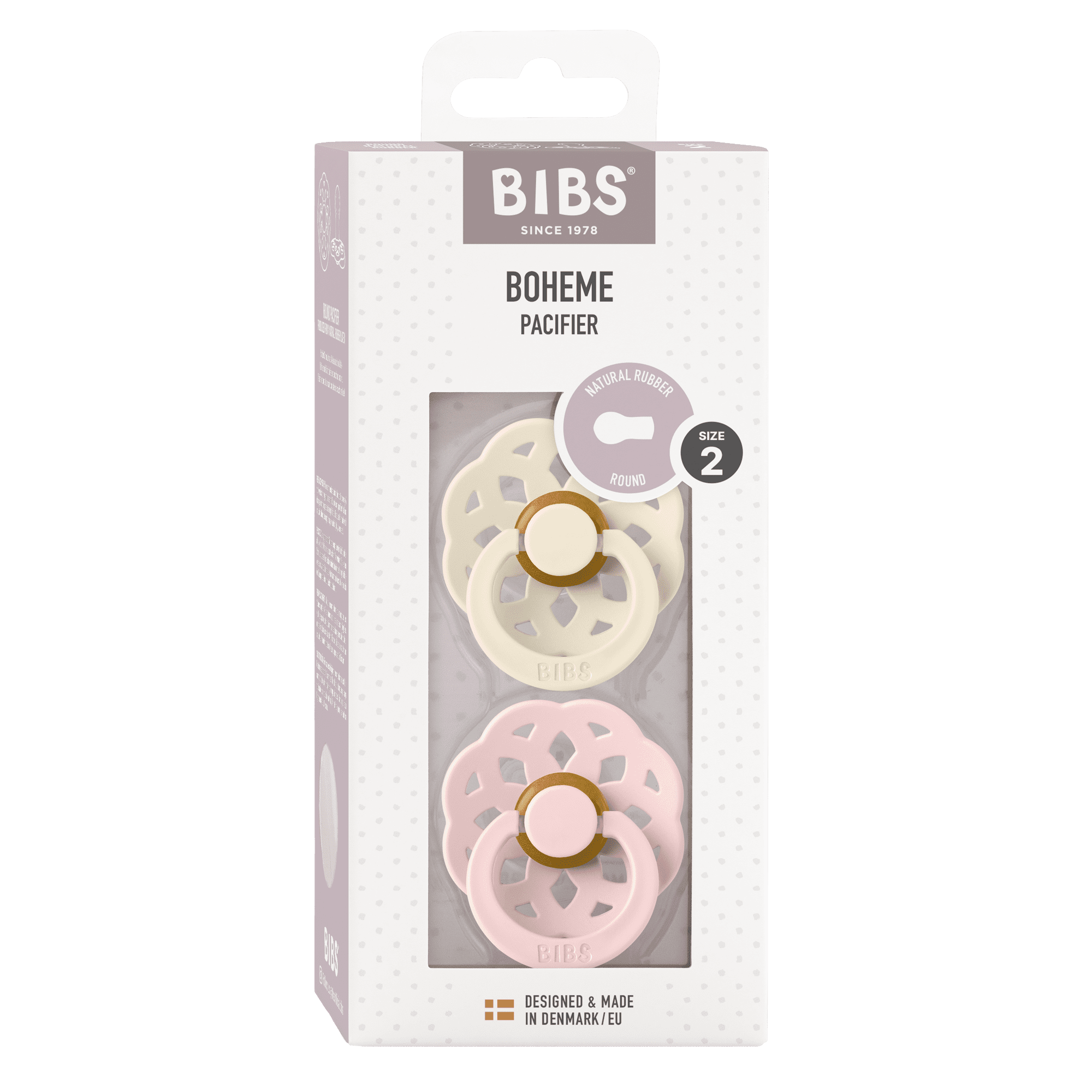 BIBS Pacifier Boheme Latex Size 2, 6-18 Months, Ivory/Blossom, 2 pack