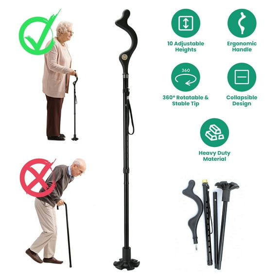 Moclever Posture Walking Cane for Men Women, Seniors Collapsible Heavy Duty Walking Stick with 10 Adjustable Heights for Hiking, Black