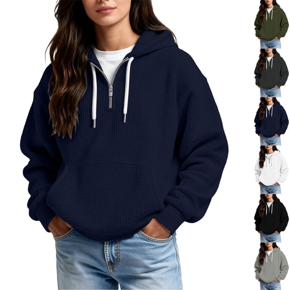 Wlynlyn Hoodies for Women Quarter Zip Textured Sweatshirts Loose Casual Fall Drawstring Pullover Solid Color Fashion Tops