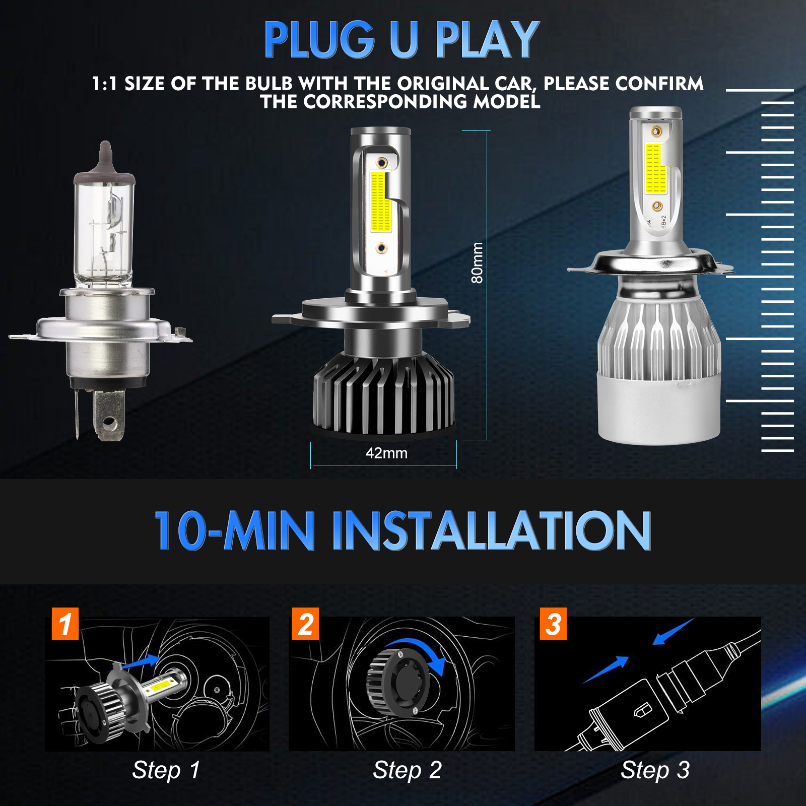 H4 9003 LED Headlight Bulb Kit For Toyota FJ Cruiser 2007-2014 – 100W, 6000K, 2 Bulbs, Plug & Play