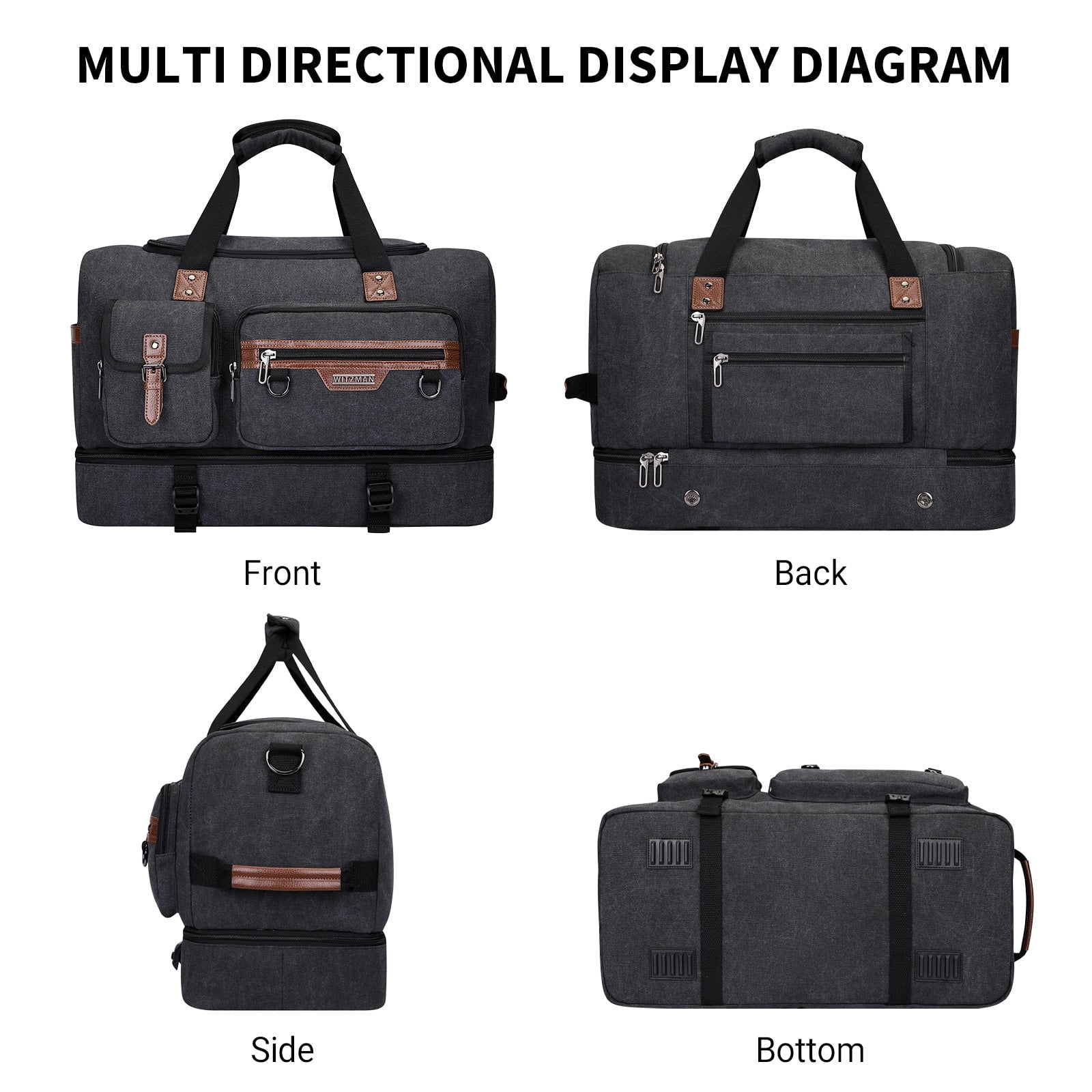 WITZMAN Canvas Weekender Bag Mens Overnight Bag for Traveling Carry on Duffle Bags with Shoes Compartment(A8010 Black)