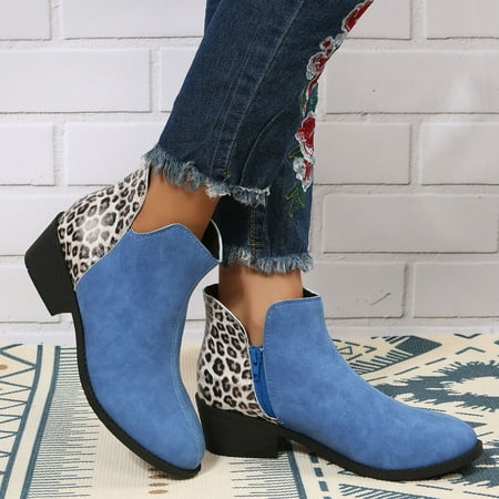 

Cathalem Boot for Women No Heel Fashion Women Artificial Leather Leopard Print Autumn Thick Sole Square Heels Zipper Short Shoes Blue 6.5