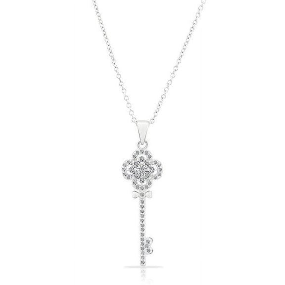 Tilo Jewelry Sterling Silver Clover Key Pendant Necklace with CZ Cubic Zirconia Stones | 18 Inch | Women & Unisex