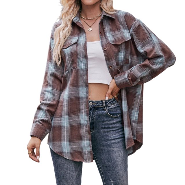Camisa A Cuadros Blusas de otoño para mujer Blusas de camisa con cuello de solapa con bolsillo Cuello en V Traje diario Ygjytge Marrón L para Mujer