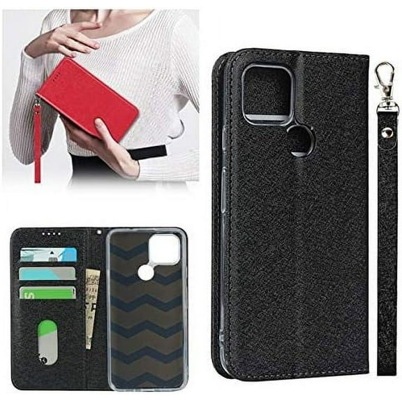 Pixel 4a 5G Case,Pixel 4a 5G Wallet Case,Premium PU Leather Flip Folio Case with Card Slot,Stand Holder and Magnetic Closure Detachable Wrist Lanyard Case for Google Pixel 4a 5G,6.2",Black