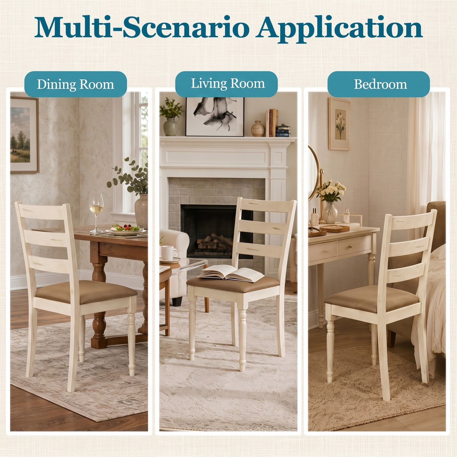 Furnibear Rubber Wood Dining Chairs Set of 2, Upholstered Kitchen Side Chairs with Padded Linen Seat, Slatted Curved Backrest and Carved Wood Legs for Dining, White