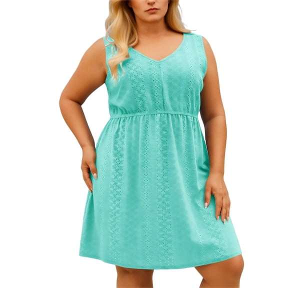 ZToonmas Plus Size Women's V-Neck Eyelet Beach Cover-up Dress Sleeveless Hollow out Swimwear Tunic Casual A-Line Vacation Mini Dress