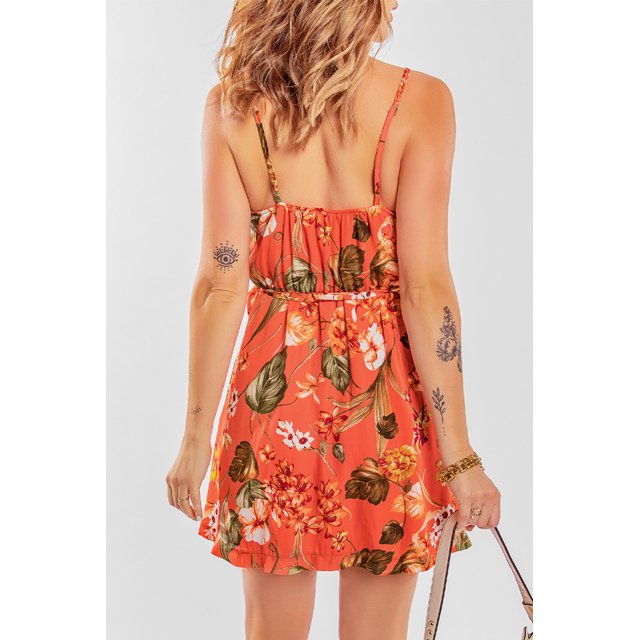 ABPHQTO Vestido floral evasé sin mangas naranja para mujer