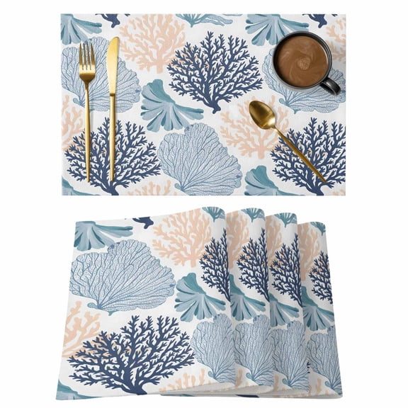 Teal Blue Coastal Placemats Set of 4 Summer Coral Beach Nautical Place Mats Indoor Wipeable Table Mats Washable Cloth Dining Table Placemats for Kitchen Holiday Party Home Decor 13x19 Inch