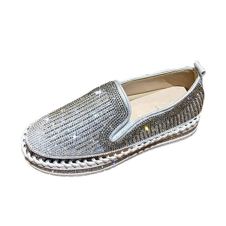 Sexlip Womens Fashion Rhinestone Slip-On Flats  Casual One-Footed Shoes Round Toe Lightweight Rubber Sole Stylish and Comfortable Shoes Silver 41