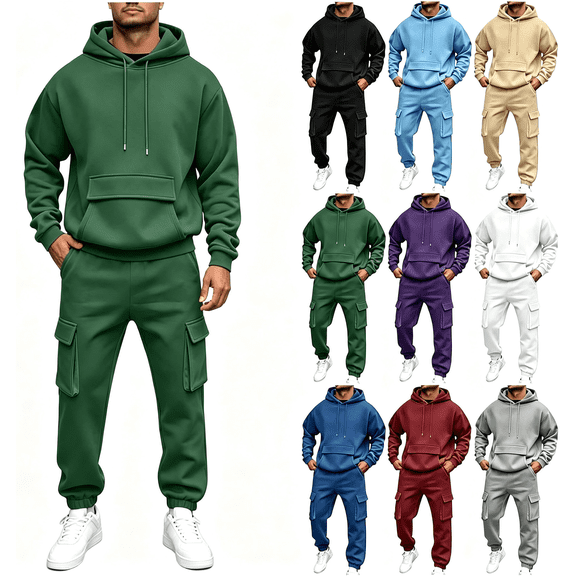 Zynoxe Mens Two Piece Tracksuit Casual Solid Color Drawstring Hoodies and Cargo Pants Lounge Sets Fall Warm Soft Relaxed Fit Sweatsuits with Pockets