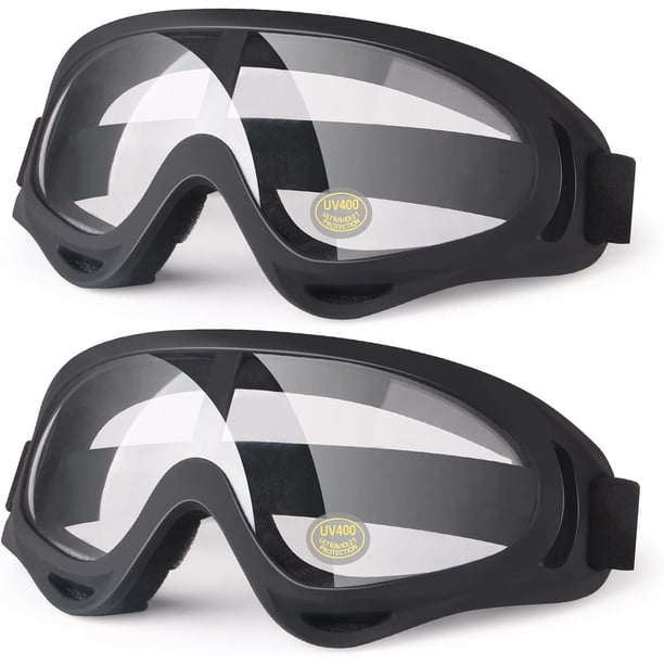 Gafas de motocicleta para niños, paquete de 2 gafas de motocross ATV, gafas de esquí, gafas antipolvo Airsoft para jóvenes y adultos (negro+marco negro/lente transparente)