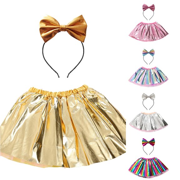 SUXIAN Toddler Girl Skirts Carnival Gold Foil Tutu With Hairband Set Dance Party For Kids Girls Skirt Gold 5-8 Years