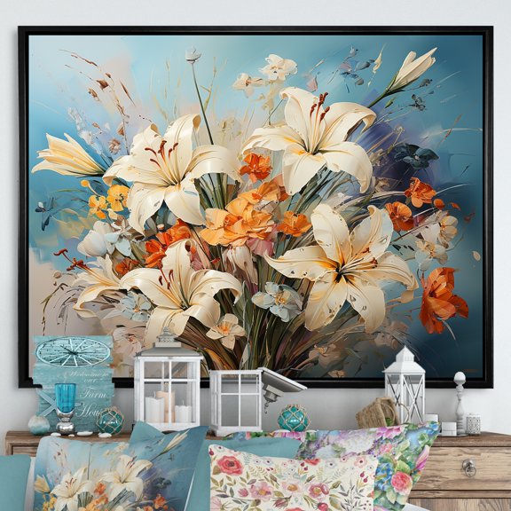 Designart "Countryside Charm With Blue And White Lilies" Flowers Floater Framed Canvas Wall Art