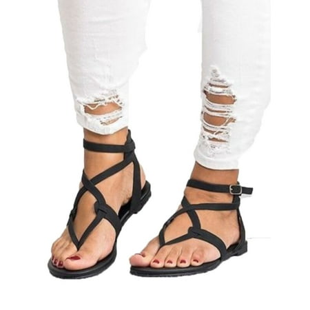 Womens Summer Boho Flip Flops Sandal Cross T Strap Thong Flat Casual Shoes (Best Walking Sandals For Flat Feet)
