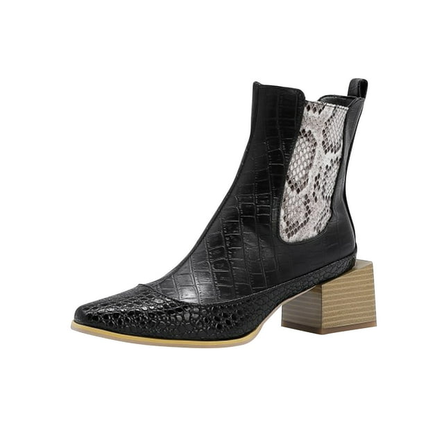 CEHVOM Women's Snake Print Colorblock Square Heel Side Zipper Mid Heel Knight Boots