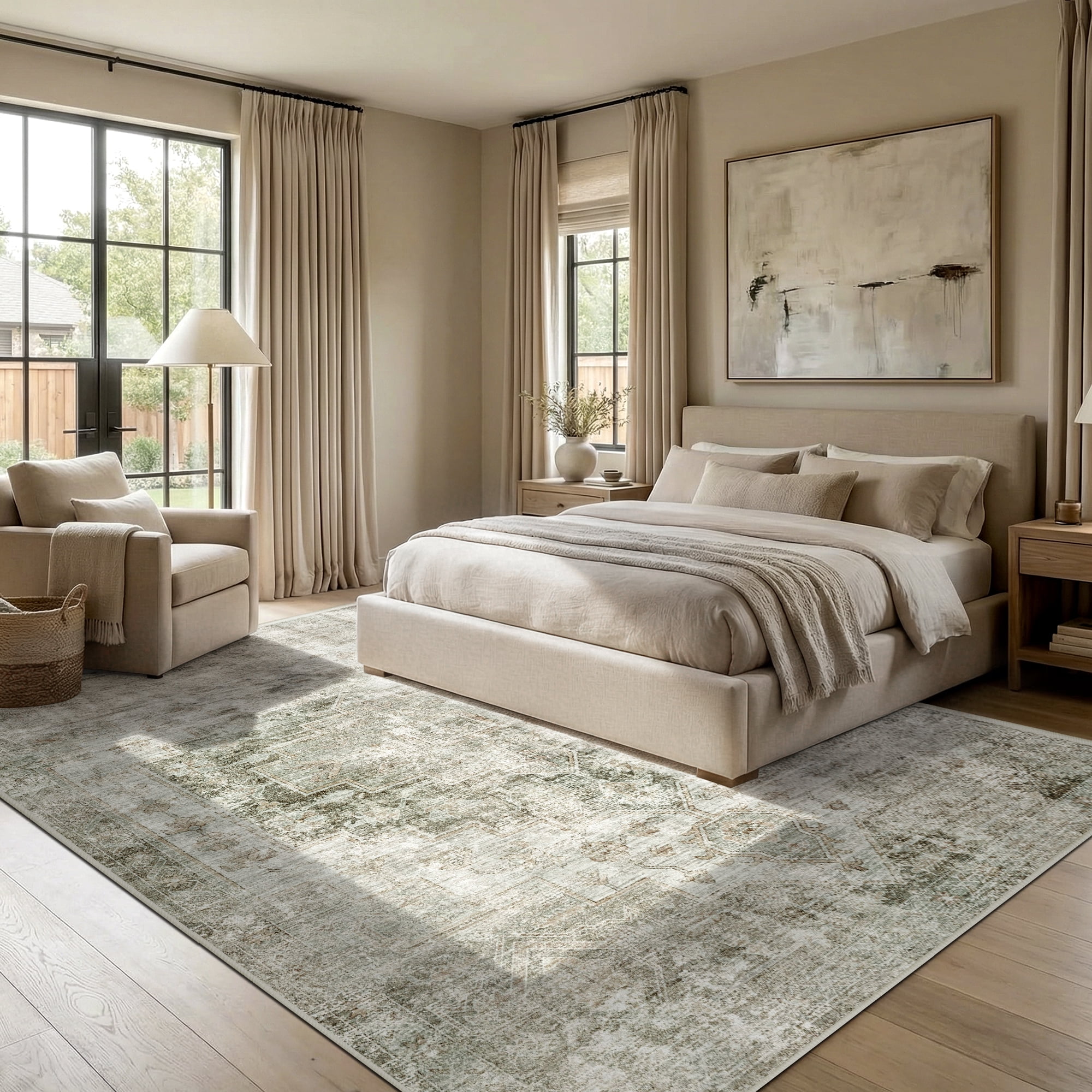 ATHOPE 5x7 Area Rug, Vintage Boho Medallion Rugs Non-Slip Soft Low Pile Washable Rug Large Distressed Rug Indoor Retro Carpet for Living Room Bedroom Dining Room Home Office, Beige