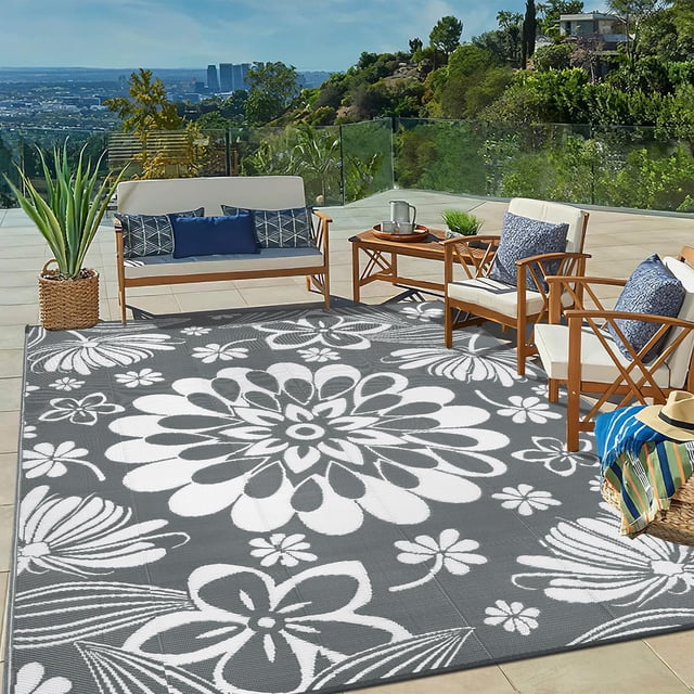 Alfombra de exterior Ilead, 244 x 305 cm, impermeable, reversible, gris