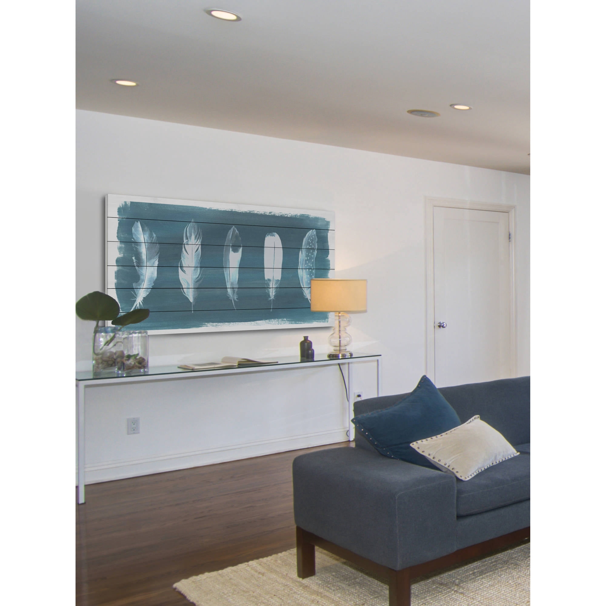 Marmont Hill ''Feathers on Dusty Teal I'' Painting Print on White Wood