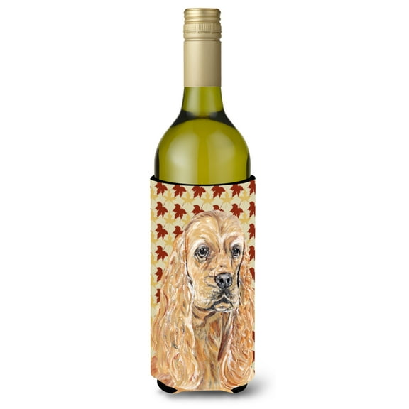 Buff Cocker Spaniel Fall Leaves Wine Bottle Hugger